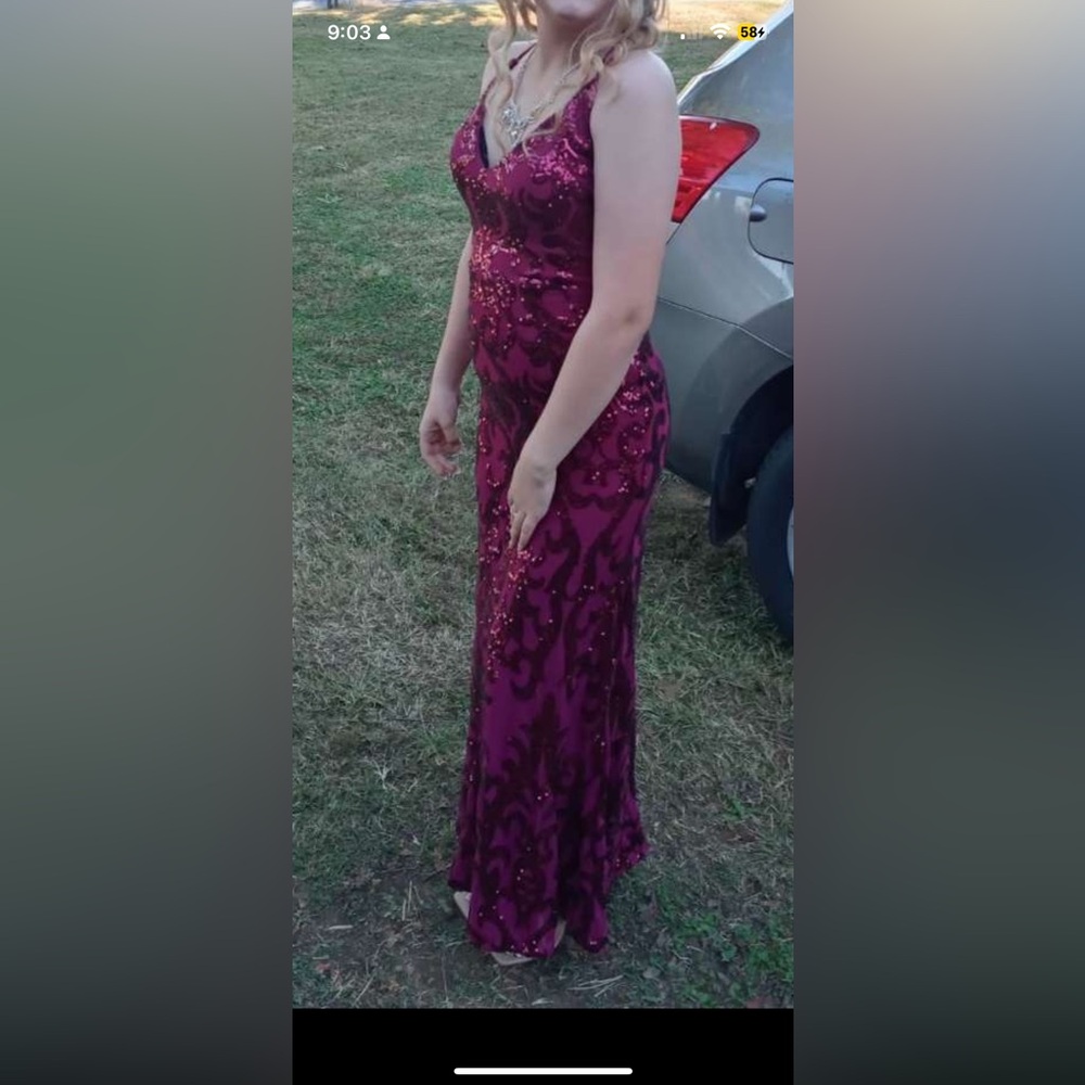 Burgundy Sequined V-Neck Maxi Gown